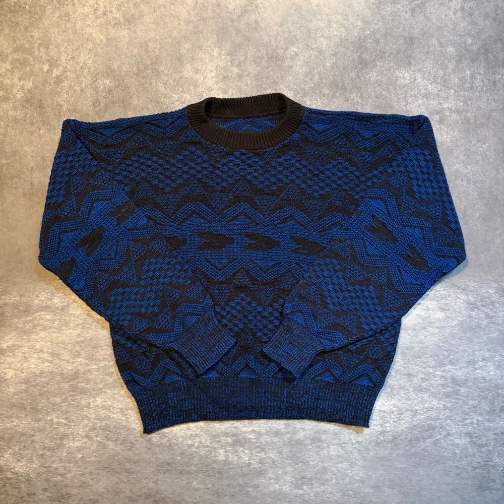 Vintage ILGWU Made in USA Blue Black Geometric Abstract Knit Sweater Mens Medium